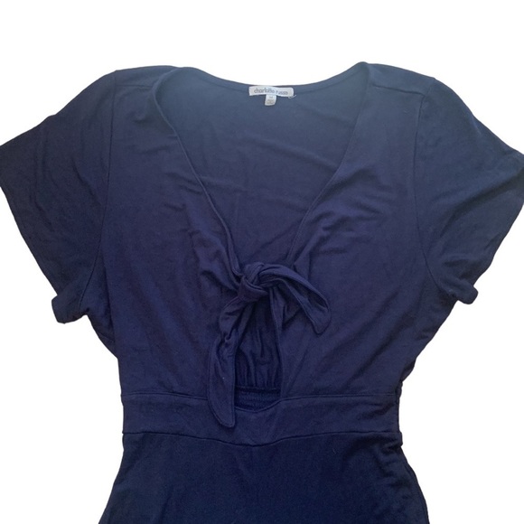 Tie Front Romper Ruffled Hem Navy with Pockets Size M - Picture 2 of 6